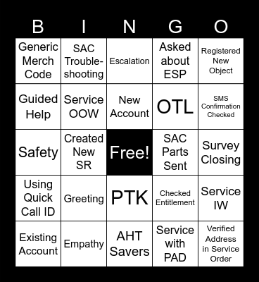 CCT Call Listening Bingo Card