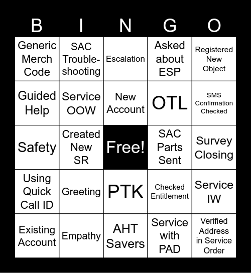 CCT Call Listening Bingo Card