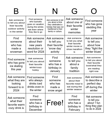 NCFF Winter Bash 2024 Bingo Card