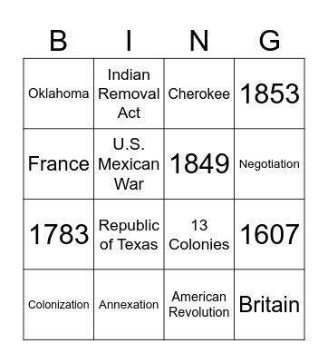 Westward Expansion/Manifest Destiny Bingo Card