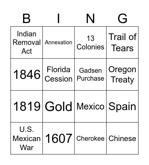 Wesward Expansion/Manifest Destiny Bingo Card
