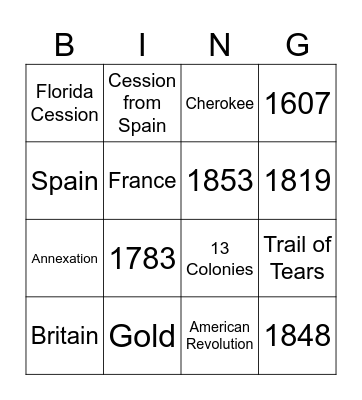 Westward Expansion / Manifest Destiny Bingo Card