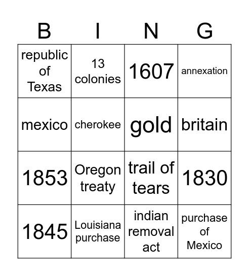 Westward Expansion/Manifest Destiny Bingo Card