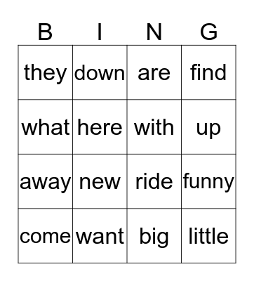 Star Word Bingo Card