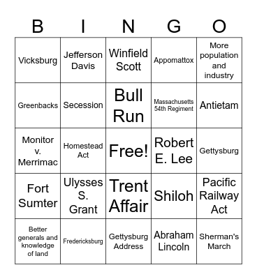 Civil War Bingo Card