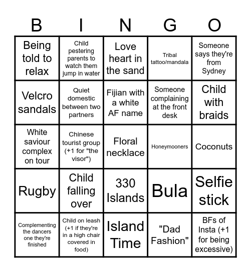 Fiji Drinking Bingo Card
