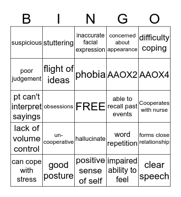 Mental Health Assessment Bingo Card