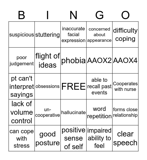 Mental Health Assessment Bingo Card