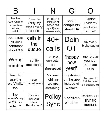 Vitality 3.0 Bingo Card