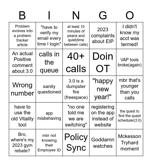 Vitality 3.0 Bingo Card