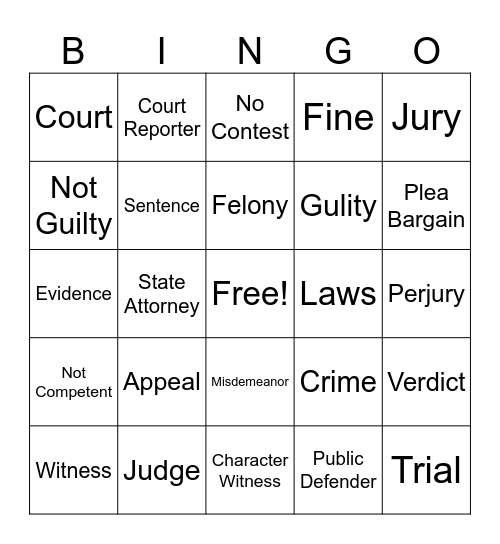 Court Education Terms Bingo Card