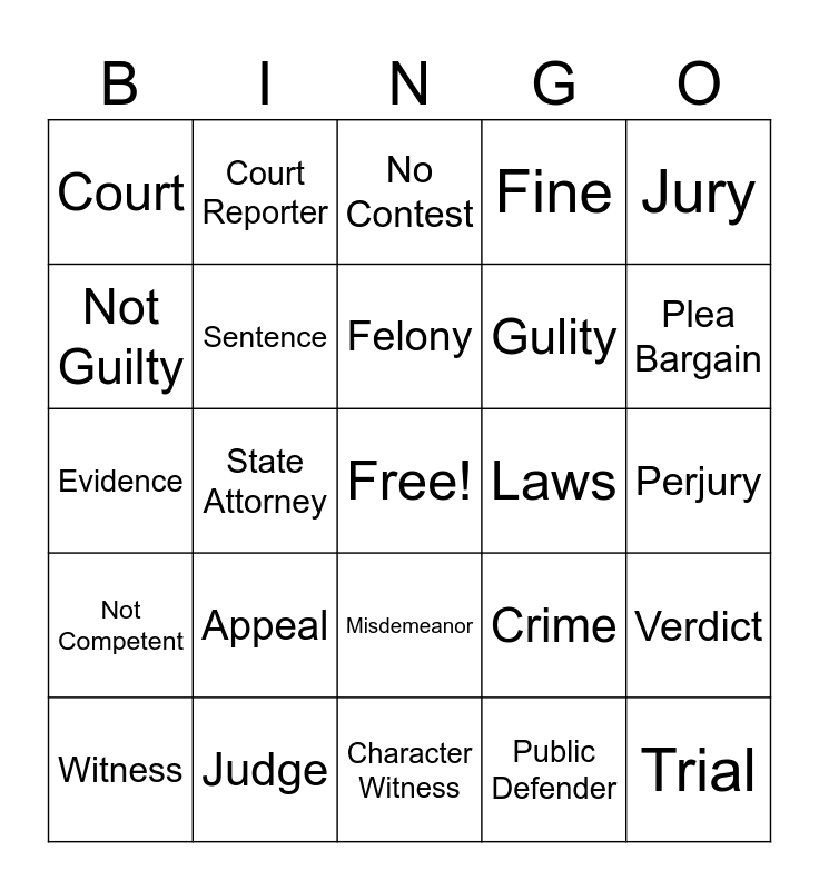 Court Education Terms Bingo Card