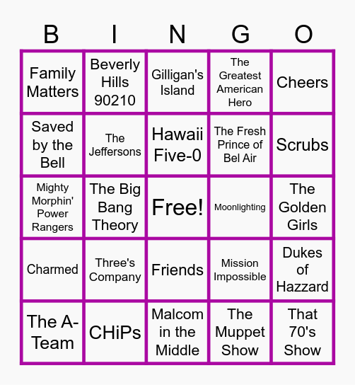 TV Theme MUSIC BINGO! Bingo Card