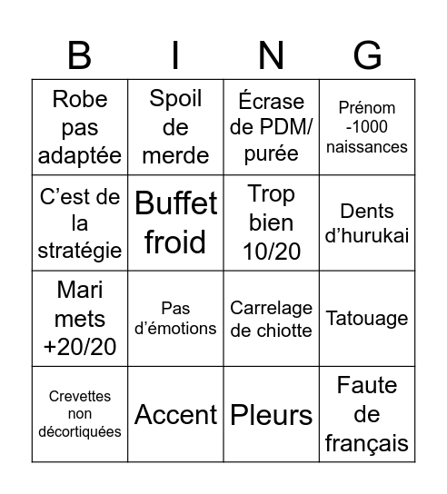 4 mariages Bingo Card