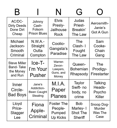 Radio Bingo Cops & Robbers Bingo Card