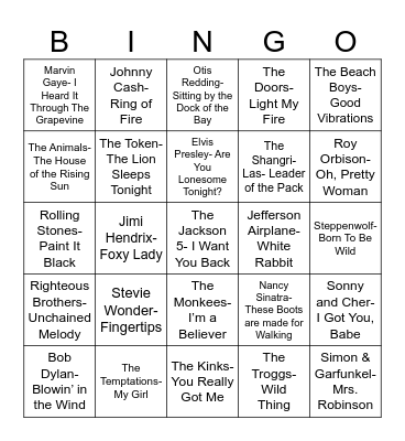 Radio Bingo 60's Music Bingo Card