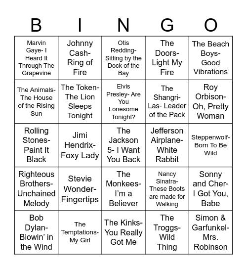 Radio Bingo 60's Music Bingo Card