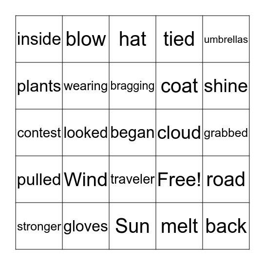 Word Grid Game Board "The Wind and the Sun" Bingo Card