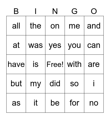 Sight Words Bingo Card