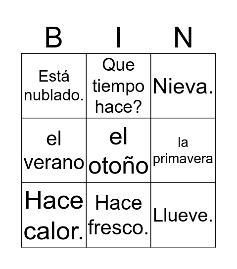 Spanish Bingo Card