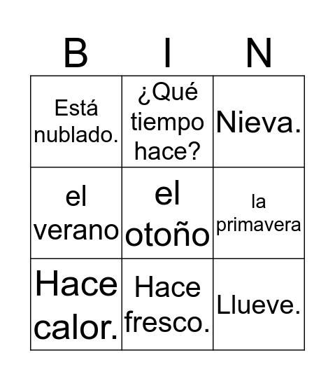 Spanish Bingo Card