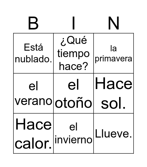 Spanish Bingo Card