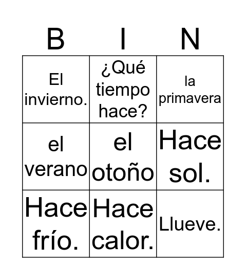 Spanish Bingo Card