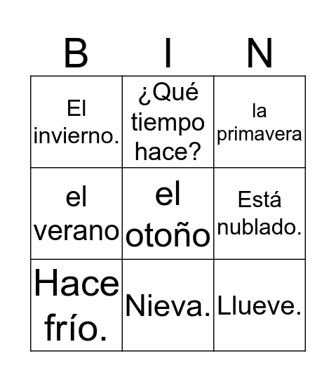 Spanish Bingo Card