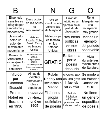 BINGO de la vida de Juan Ramón Jiménez Bingo Card