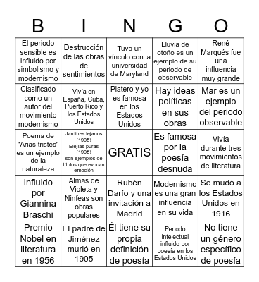 BINGO de la vida de Juan Ramón Jiménez Bingo Card