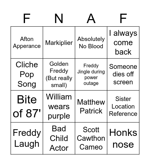 FNAF Bingo Card