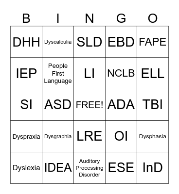 ESE Acronyms Bingo Card