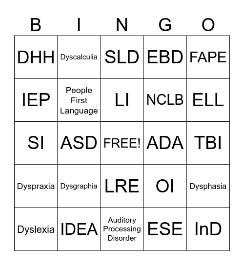 ESE Acronyms Bingo Card