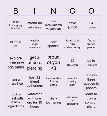 2024 Goals Bingo Card