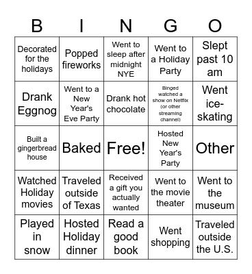 Winter Break Bingo Card