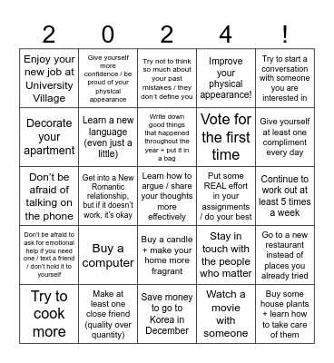 New Year’s Resolution Bingo Card