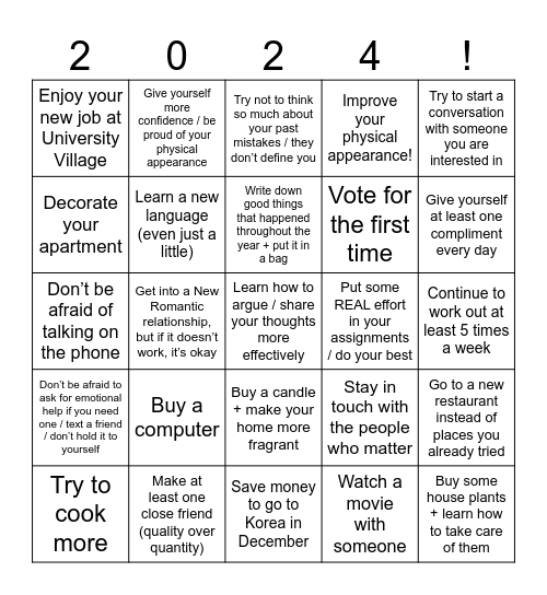 New Year’s Resolution Bingo Card