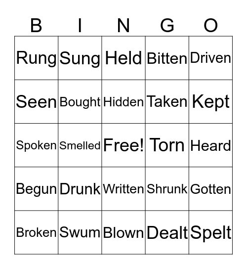 Irregular Verbs Bingo Card