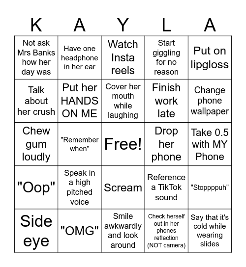Kayla BINGO Card