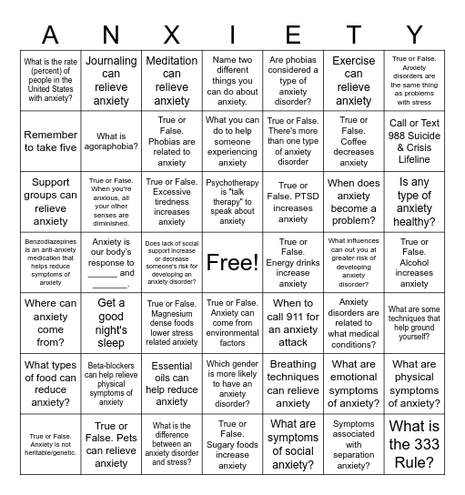 Education on Anxiety Bingo Card