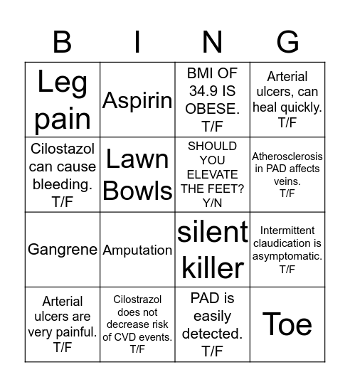 PAD Bingo Card
