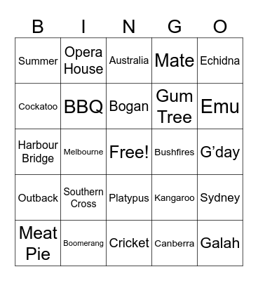 Australian Bingo Card