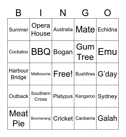 Australian Bingo Card