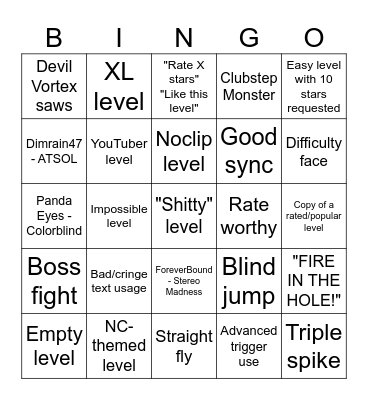 Recent Levels Tab Bingo Card