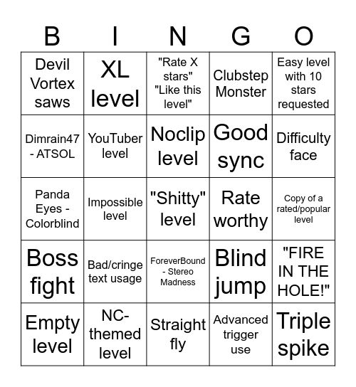 Recent Levels Tab Bingo Card