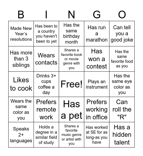 SE Bingo - find someone who.. Bingo Card