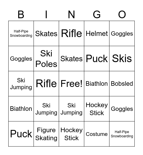 Winter Olympic Bingo Card