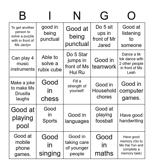 Who is good at what? Bingo Card