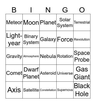 Astronomy Bingo Card