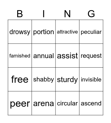 Vocabulary Bingo Card